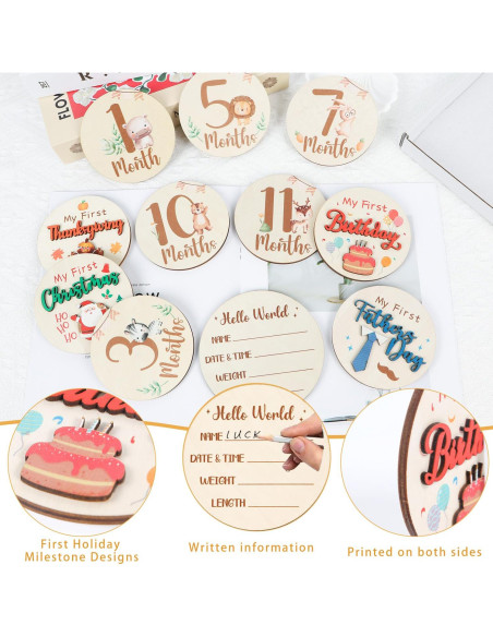 Carteles de Hitos Mensuales para Bebés 11PCS Madera Animales