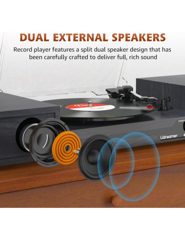 Reproductor de Vinilo Portátil Udreamer Negro Bluetooth 3 Velocidades