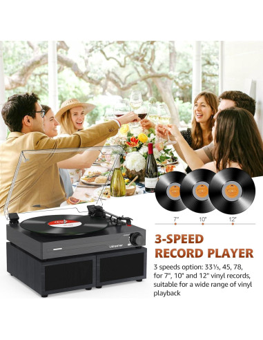 Reproductor de Vinilo Portátil Udreamer Negro Bluetooth 3 Velocidades