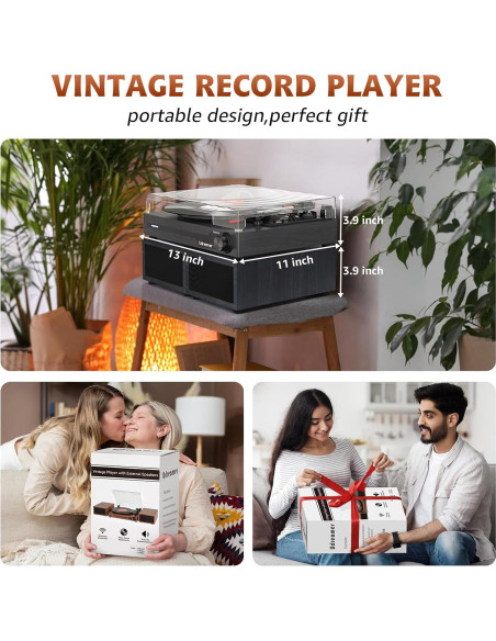 Reproductor de Vinilo Portátil Udreamer Negro Bluetooth 3 Velocidades