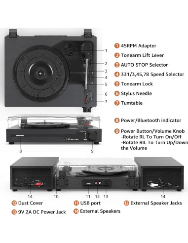 Reproductor de Vinilo Portátil Udreamer Negro Bluetooth 3 Velocidades