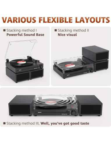 Reproductor de Vinilo Portátil Udreamer Negro Bluetooth 3 Velocidades