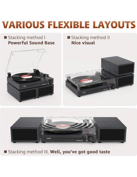 Reproductor de Vinilo Portátil Udreamer Negro Bluetooth 3 Velocidades