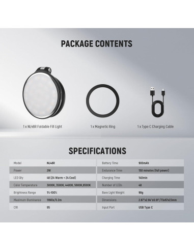 Luz LED Selfie NEEWER NL48R con Espejo y Soporte, 1160lx