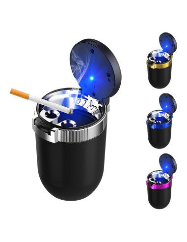 Cenicero de coche FSTURIOS con tapa y luz LED azul