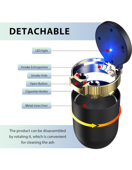 Cenicero de coche FSTURIOS con tapa y luz LED azul