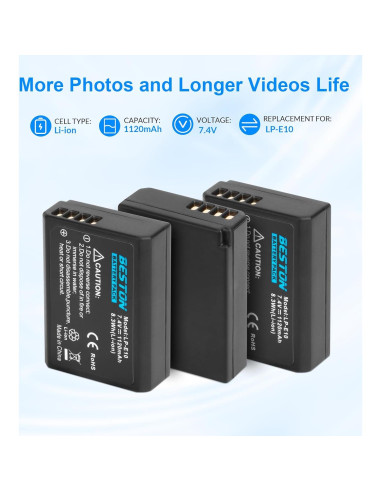 Batería y Cargador Beston LP-E10 para Cámara Canon DSLR - 3 Piezas