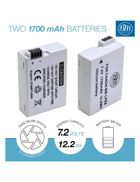 BM Premium 2 Baterías LP-E8 para Canon EOS Rebel T2i, T3i, T4i, T5i