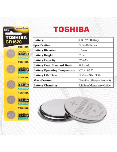 Batería de moneda de litio Toshiba CR1620 3V - Paquete de 5