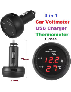 Medidor de Voltaje de Batería de Coche MiJunHD 3 en 1 USB 2