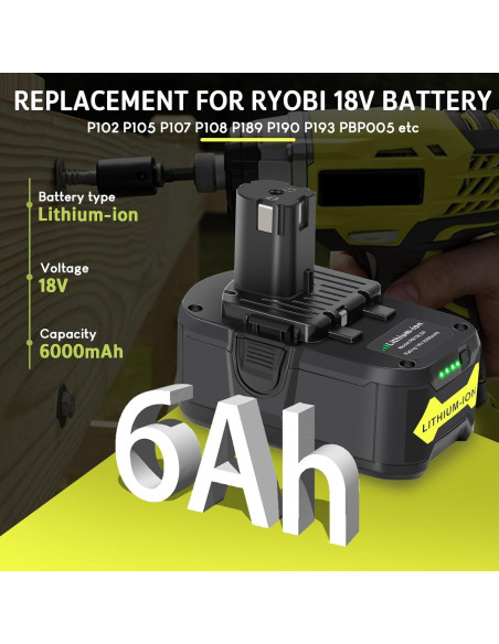 Batería de Litio 18V 6Ah Ryobi P102 P108 P189 P190