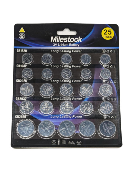 25 Pzs Baterías de Botón Litio 3V CR1620 CR1632 CR2025 CR2032 CR2450 Milestock