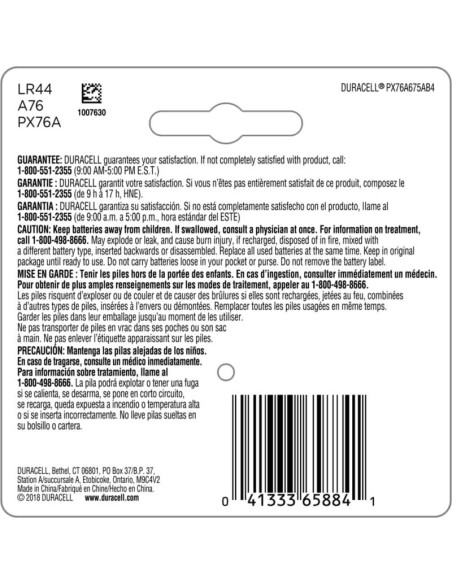 Baterías Alcalinas Duracell 76A 1.5V Paquete de 4