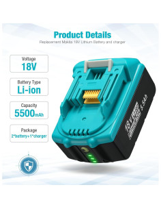 2 Baterías 18V 5.5Ah y Cargador Rápido UTRBATT para Makita 2