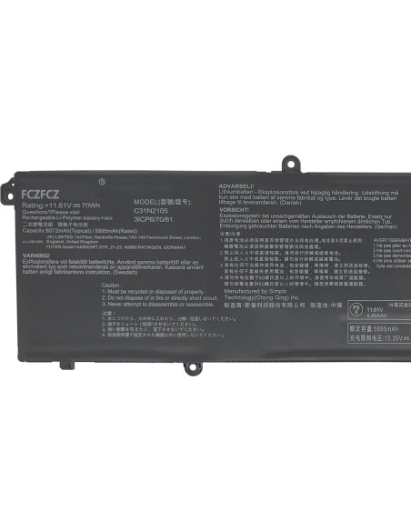 Batería Reemplazo C31N2105 70Wh 6072mAh para ASUS Vivobook