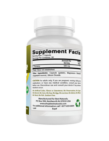 L-Tirosina 500 mg Mejores Naturales 90 Cápsulas x2
