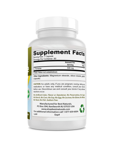 L-Tirosina 500 mg Mejores Naturales 90 Cápsulas x2