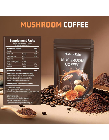 Café de Hongo Instantáneo Nature Echo 180g - 11 Hongos + Ashwagandha