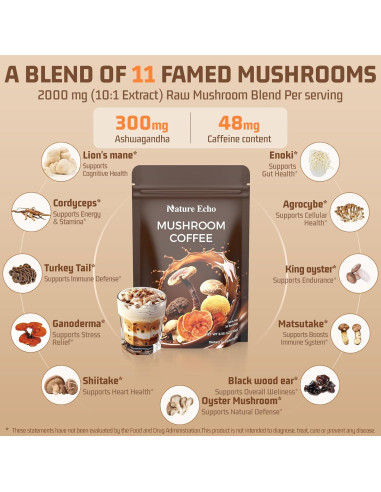 Café de Hongo Instantáneo Nature Echo 180g - 11 Hongos + Ashwagandha