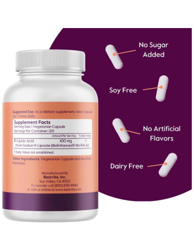 Ácido R-Lipoico 100mg Bestvite 120 Cápsulas Veganas