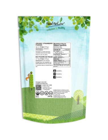 Polvo de Fresa Orgánico Food to Live 170g - Sin OGM, Liofilizado