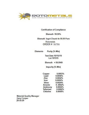 Bismuto 99.99% Grado Premium RotoMetals 1 Kilo para Cristales