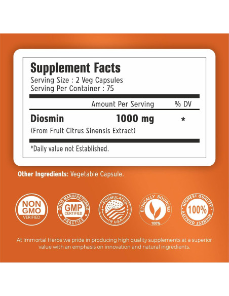 Suplemento de Diosmina Pura 1000mg Immortal Herbs 150 Cápsulas