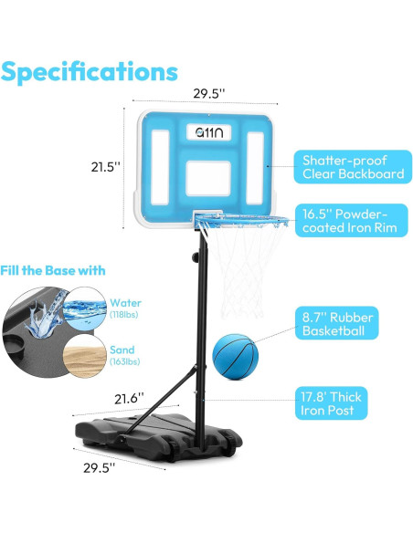 Aro de Baloncesto Acuático A11N SPORTS LED Ajustable 41.91 cm