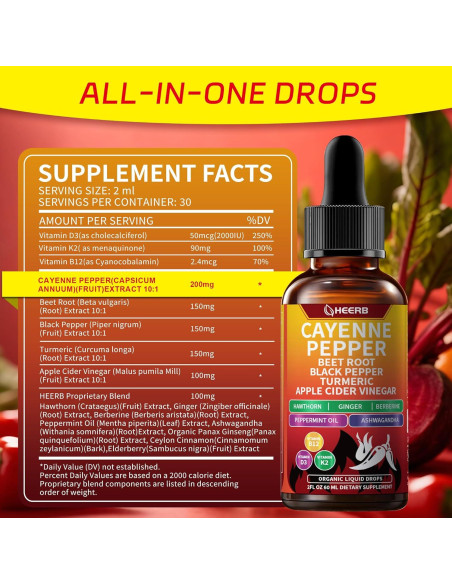 Gotas de Pimienta de Cayena HEERB 60ml - Suplemento Vegano