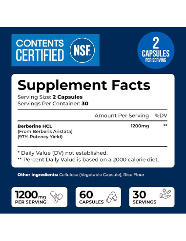 Suplemento de Berberina HCL Nos Gustan las Vitaminas 1200mg - 60 Cápsulas Vegetarianas