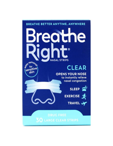 Tiras Nasales Breathe Right 30 Unidades Sin Medicamentos