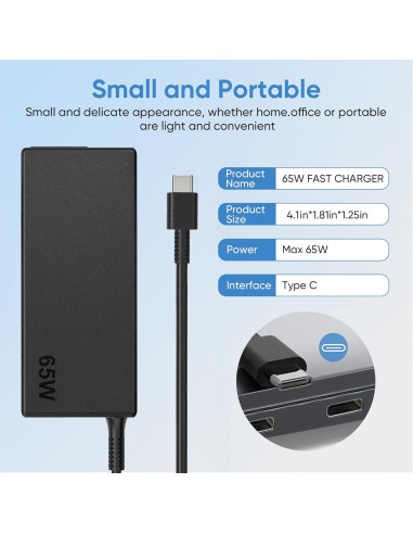 Cargador USB-C 65W HP EliteBook ProBook Chromebook Rápido