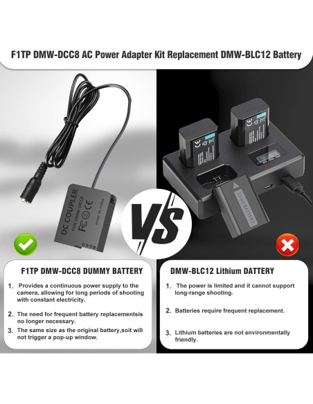 Adaptador de Corriente DMW-AC10 y Batería Falsa DMW-DCC8 para Cámaras Panasonic Lumix