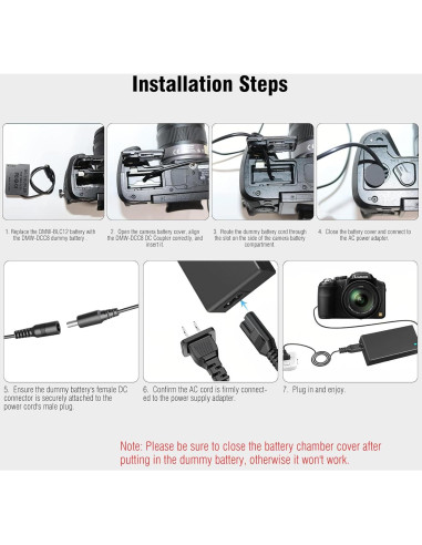 Adaptador de Corriente DMW-AC10 y Batería Falsa DMW-DCC8 para Cámaras Panasonic Lumix
