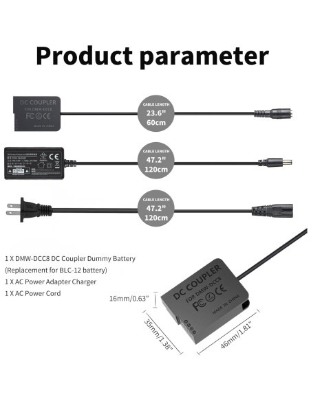 Adaptador de Corriente DMW-AC10 y Batería Falsa DMW-DCC8 para Cámaras Panasonic Lumix