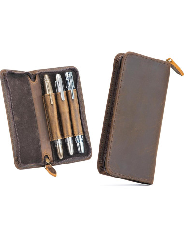 Estuche para Plumas Fuente Asvine de Cuero Crazy Horse 3 Compartimentos