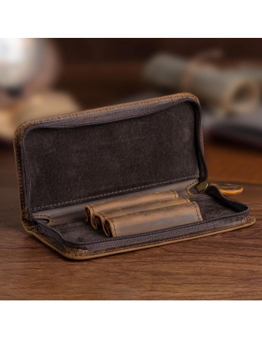 Estuche para Plumas Fuente Asvine de Cuero Crazy Horse 3 Compartimentos