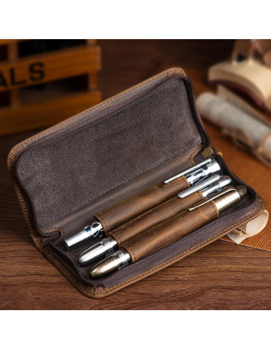 Estuche para Plumas Fuente Asvine de Cuero Crazy Horse 3 Compartimentos