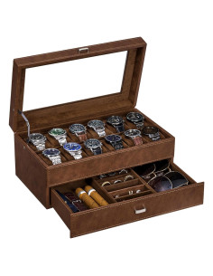 Caja de Reloj BEWISHOME 12 Compartimentos 2 Capas Espresso