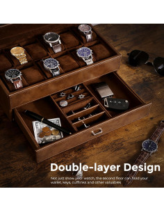 Caja de Reloj BEWISHOME 12 Compartimentos 2 Capas Espresso 2