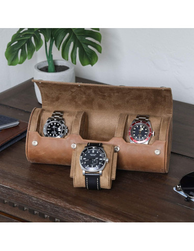 Estuche de Viaje para 3 Relojes Rothwell 100% Cuero Marrón