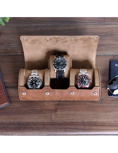 Estuche de Viaje para 3 Relojes Rothwell 100% Cuero Marrón