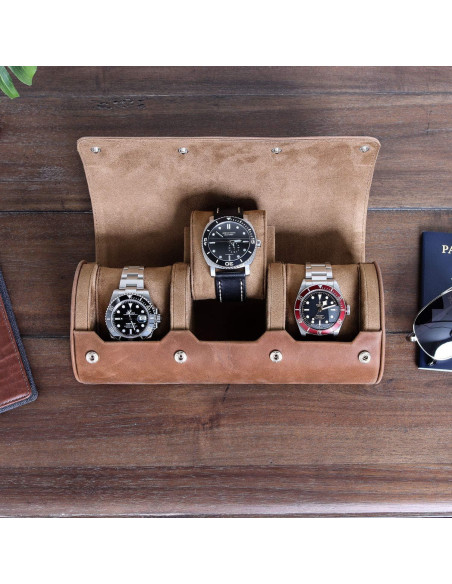 Estuche de Viaje para 3 Relojes Rothwell 100% Cuero Marrón