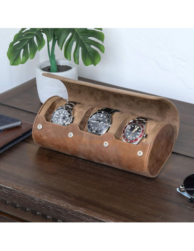 Estuche de Viaje para 3 Relojes Rothwell 100% Cuero Marrón