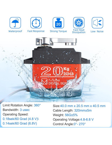 Servo Motor Digital Miuzei 20KG 270 Impermeable para RC
