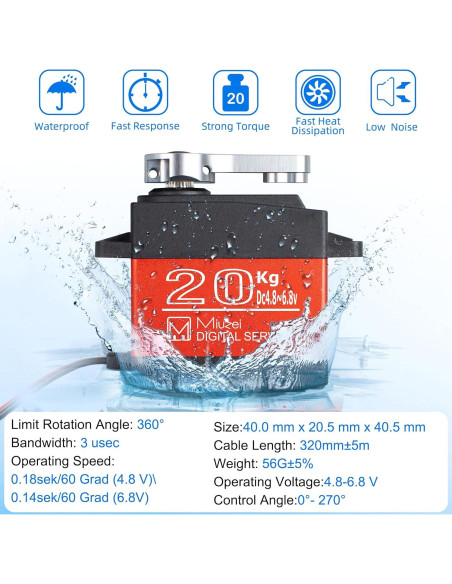 Servo Motor Digital Miuzei 20KG 270 Impermeable para RC