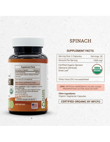 Cápsulas de Espinaca Orgánica USDA 1000 mg - Secretos de la Tribu