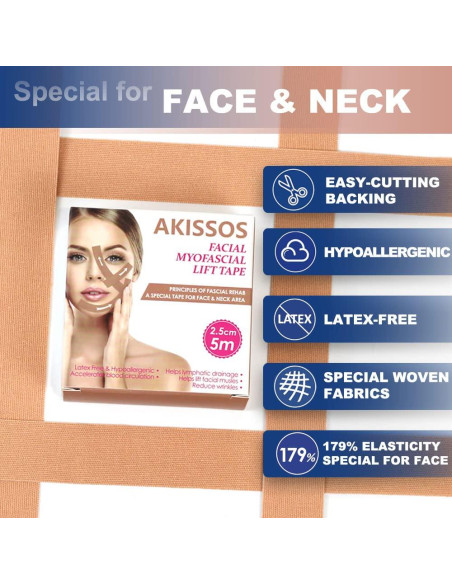 Cinta de Elevación Facial Akissos 2.5cm x 5m Antienvejecimiento Cinta de Elevación Facial Akissos 2.5cm x 5m Antienvejecimiento