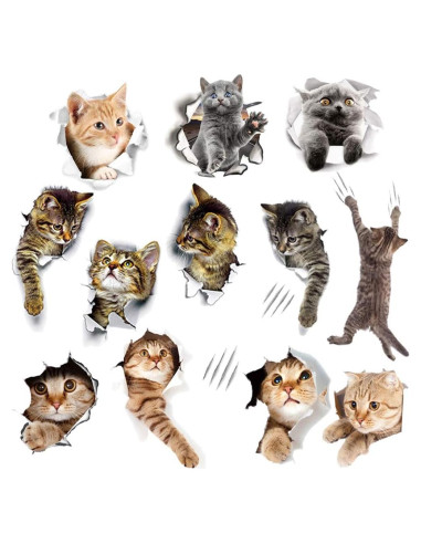 12 Pegatinas de Pared 3D Gato Caricatura WMdecal PVC Removibles
