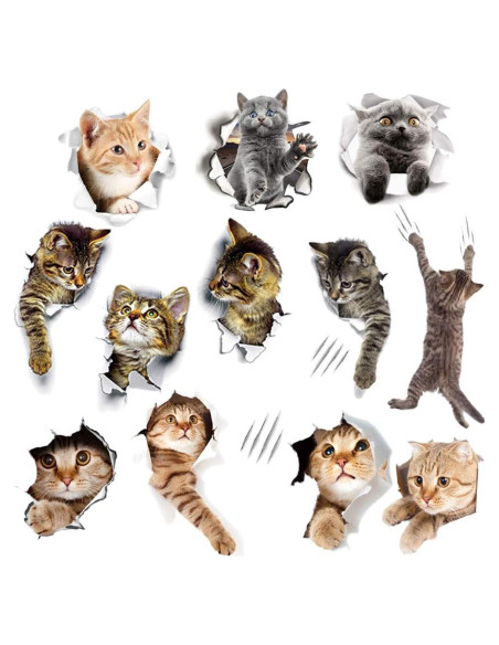 12 Pegatinas de Pared 3D Gato Caricatura WMdecal PVC Removibles